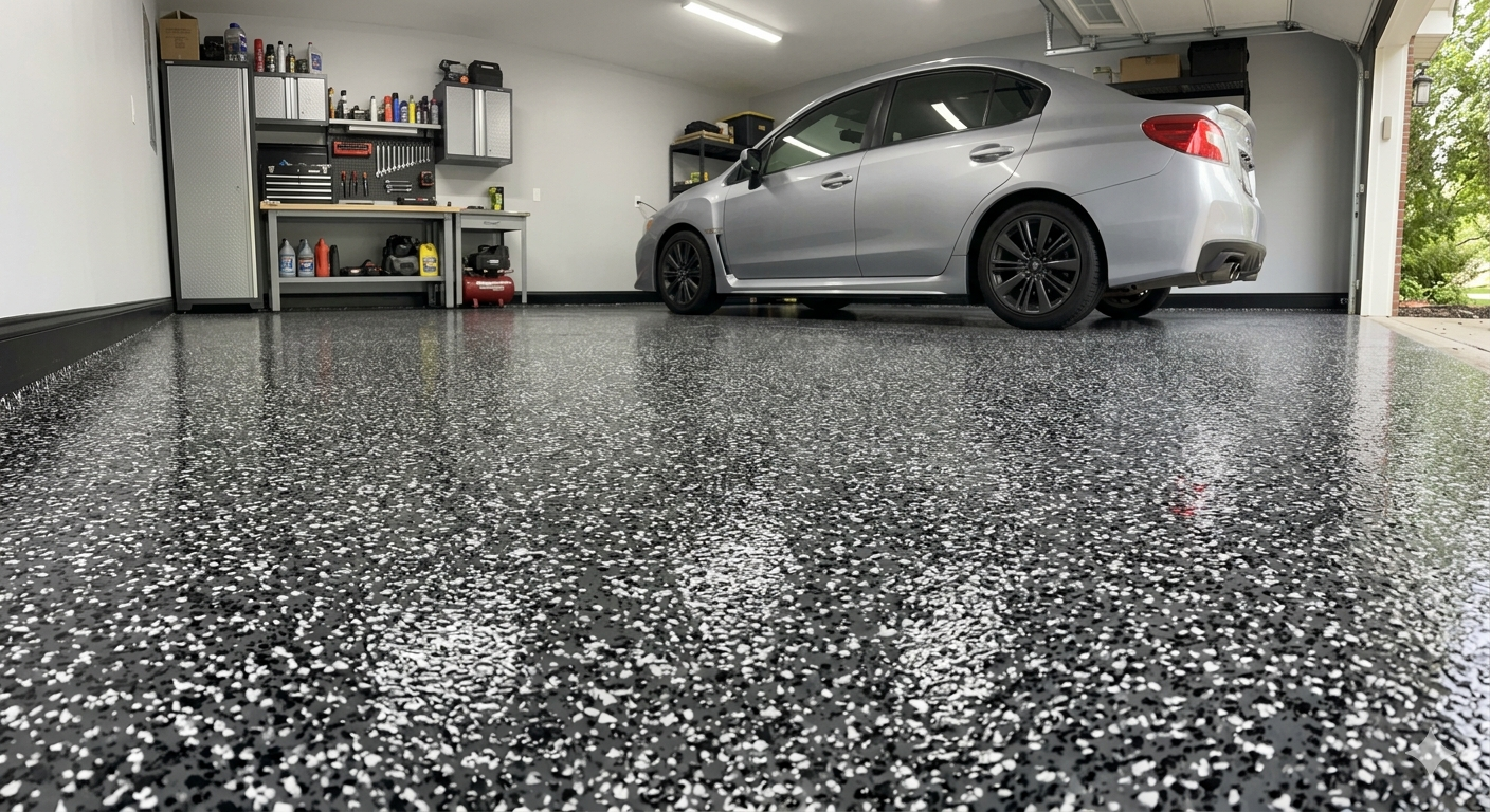 Close-up of glossy black and white flake epoxy floor coating showing premium finish detail