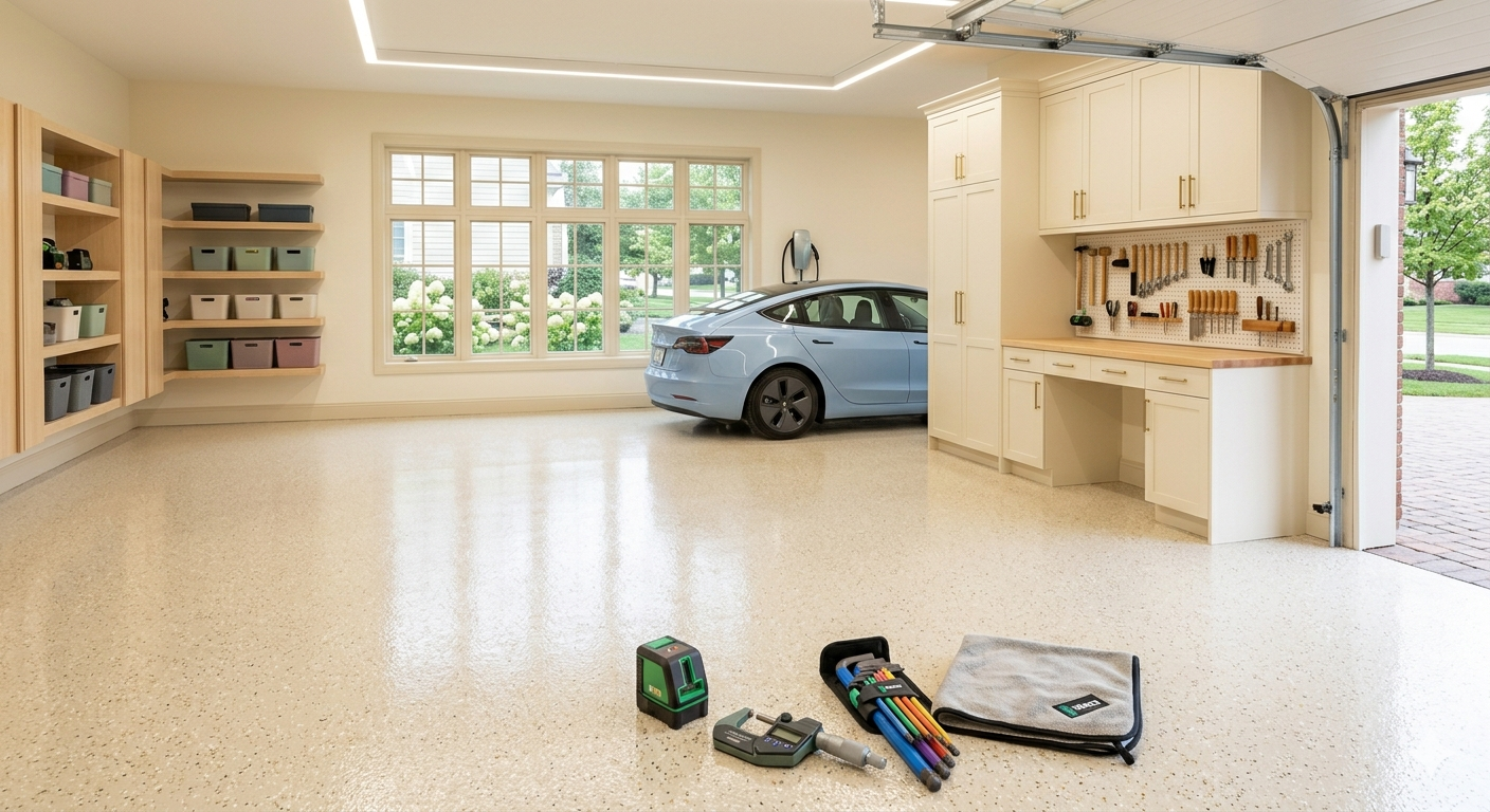 Bright upscale residential garage with tan flake epoxy floor and custom cabinetry